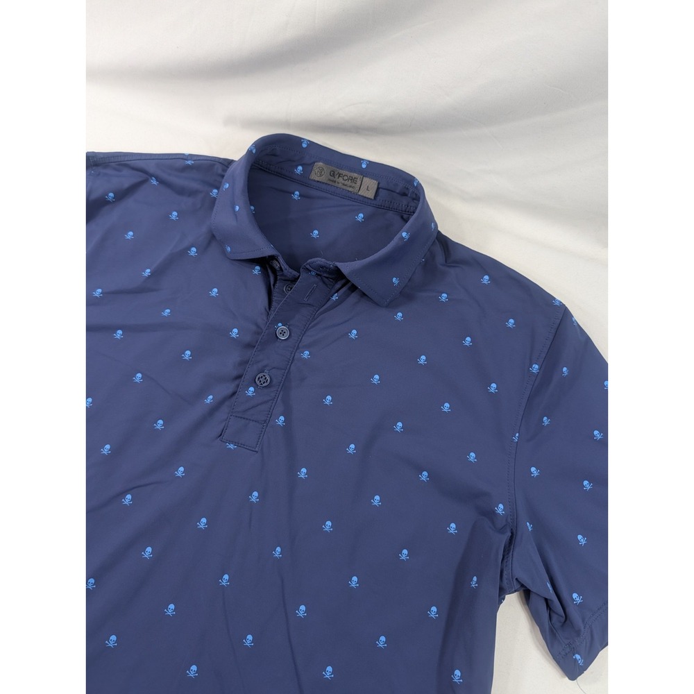 G Fore Polo Shirt Mens Large Blue Skull Print Performance Golf Stretch Nylon EUC